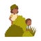 Little Boy with Mother as Traveler on Safari Tour Sitting in Bush Watching Animal Vector Illustration