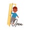 Little Boy Opening Door as Verb Expressing Action for Kids Education Vector Illustration