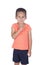 Little boy with organge shirt pointing