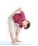 Little boy performs an exercise to stretch the muscles.isolated on white