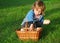 little boy pick mushrooms in green forest, kids outdoor activities