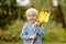 Little boy planting tuya bushes in the yard. Seasonal works in the garden. Landscape design. Child is helping parents in the