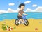 Little boy playing bicycle on the beach cartoon
