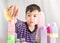 Little boy playing blocks at home