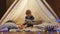 Little boy playing in children\'s tent at home. Happy caucasian kid in the playroom.