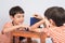 Little boy playing connect four game soft focus at eye contact indoor activities