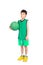 Little boy playing green basketball in green PE uniform sport