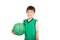 Little boy playing green basketball in green PE uniform sport