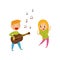 Little boy playing guitar and singing, girl dancing. Cheerful kids having fun together. Flat vector design