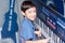 Little boy playing keyboard at music room