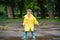 Little boy playing in rainy summer park. Child with umbrella, waterproof coat and boots jumping in puddle and mud in the rain. Kid