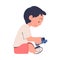 Little Boy Playing with Toy Car Sitting on the Floor Being at Kindergarden Vector Illustration