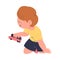 Little Boy Playing with Toy Car Sitting on the Floor Being at Kindergarden Vector Illustration