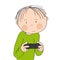 Little boy playing video games on game console, holding joystick, being very concentrated.