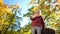 Little boy playing on wooden stump and waving hand at camera in autumn park