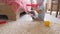 Little boy plays with colored pins at home on the floor.