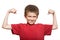 Little boy portrait strong flexing muscle biceps