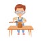 Little Boy in Protective Goggles at Table with Wood Chopper or Cutter and Timber Woodworking Vector Illustration