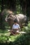 Little boy reading a book with a little elephant playing under the tree