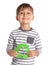 Little boy with recycling symbol on white
