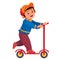 Little boy in a red cap happy rides a scooter, isolated object on a white background