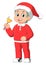 little boy in red santa clothes ringing bell