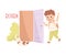 Little Boy Returning Home at Open Door Demonstrating Vocabulary and Verb Studying Vector Illustration