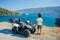 Little boy riding quad bike. Cute child on quadricycle. Motor cross sports on Greece island. Kids summer vacation