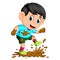 Little boy running in the mud