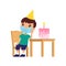 Little boy is sad on her birthday. Cute kid with a medical mask on his face sits on a chair.