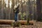 Little boy scout with spyglass during hiking in autumn forest. Child is looking through a spyglass