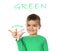 Little boy showing word GREEN. Sign language