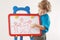 Little boy shows his family painted on whiteboard