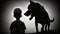 Little boy silhouette afraid big terrible dog growls and grimaces, stray dog attacks lost child