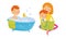 Little Boy Sitting in Bathtub and Reading Book with Mom Vector Set