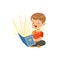 Little boy sitting on the floor with magic book radiating bright sparks and stars. Kid character reading interesting
