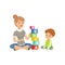 Little boy sitting on the floor and playing with abc cubes with his teacher, preschool education concept vector
