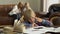 Little boy sitting at the table with notebooks at home while doing homework. Mother and sister sitting in the background