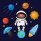 Little boy spaceman in space, rocket satellite UFO planets stars