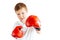 Little boy stand at ring white background with gloves