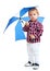 Little boy standing colored umbrella .