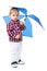 Little boy standing colored umbrella .