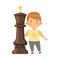 Little Boy Standing with Giant Black King Chess Piece or Chessman Vector Illustration