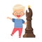 Little Boy Standing with Giant White Bishop Chess Piece or Chessman Vector Illustration