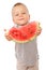 Little boy stretch a slice of watermelon