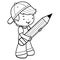 Little boy student holding a big pencil. School child study and sketch for school. Vector black and white coloring page.