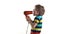 Little boy in the studio on a white background fooling around with a hairdryer, screaming into the microphone