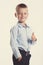 Little boy in suit. Children portrait. Back to school. Stylish man in fashionable suit shirt and pants with blue eyes