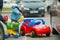 Little boy on supermarket parking