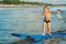 Little boy surfing on tropical beach. Child on surf board on ocean wave. Active water sports for kids. Kid swimming with